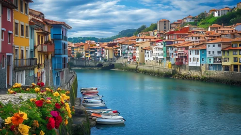 Colorful riverside town buildings line calm waterway