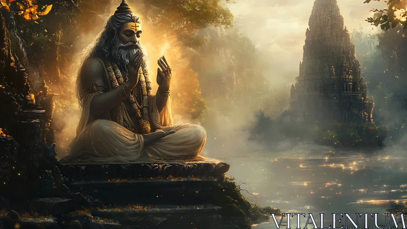 Meditating sage sits by reflective river facing distant temple