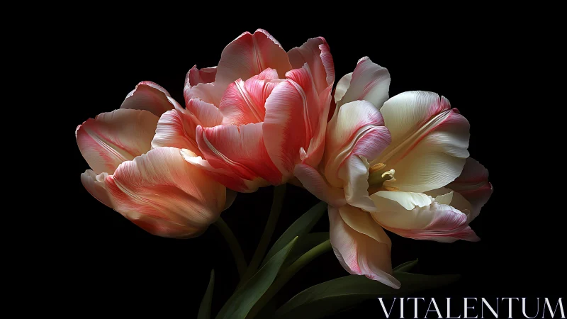 Multicolored parrot tulips arranged against dark background