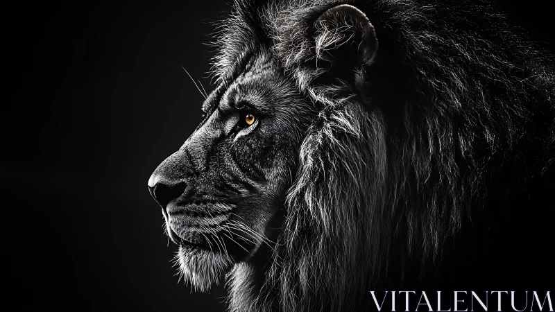 Profile study of a black lion against a dark background.