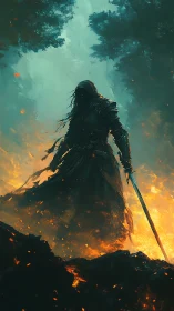 Dark armored figure stands amid rising flames in forest