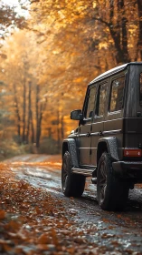 Off-road SUV on wet dirt track in dense autumn forest scene.