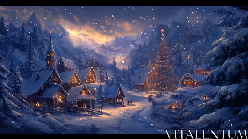 Nocturnal alpine village with illuminated festive tree centerpiece.
