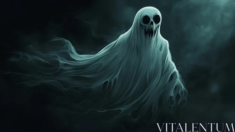 Dark ghostly spirit with skull face in swirling mist.