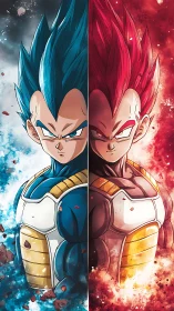 Dual-powered anime warrior split by blue and red energy.