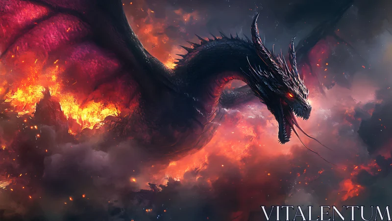 Fire-breathing dragon soaring through a burning sky.