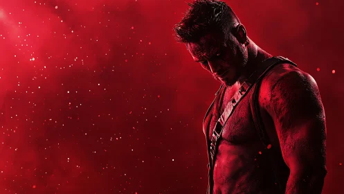 Muscular warrior in red monochrome lighting studies tension
