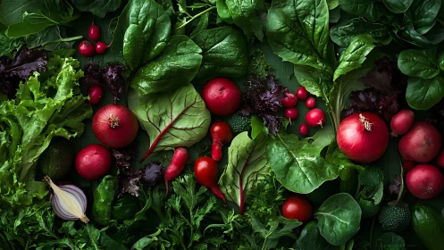 Crimson harvest nestled in emerald greens, crisp and glowing.