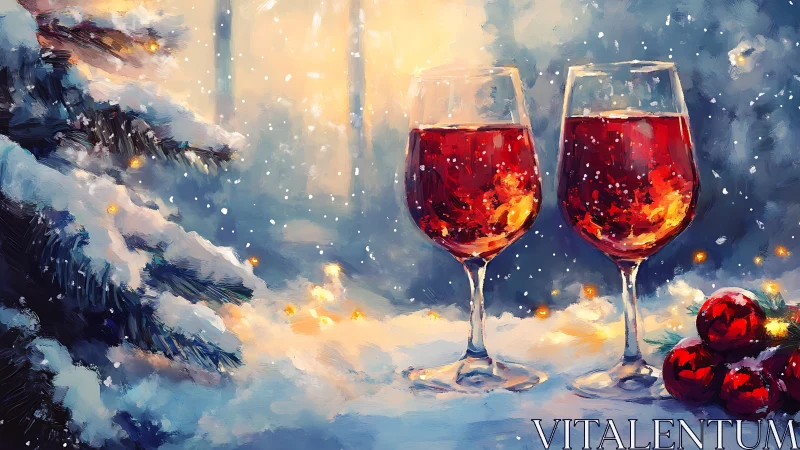 Winter sunset still life with red wine glasses in snow
