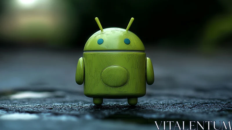 Green android robot figurine stands on wet textured ground