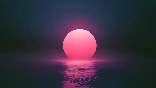 Neon magenta sun descends over misted ocean horizon