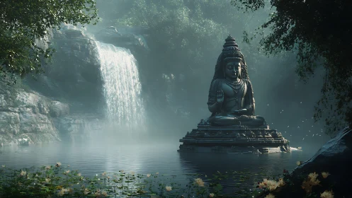 Serene stone Buddha before misted waterfall in forest basin.
