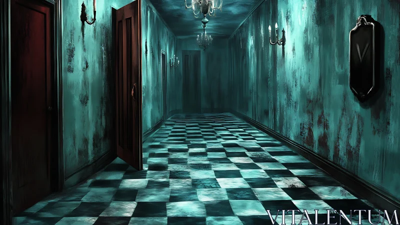 Decayed teal corridor with checkerboard floor and receding vanishing point
