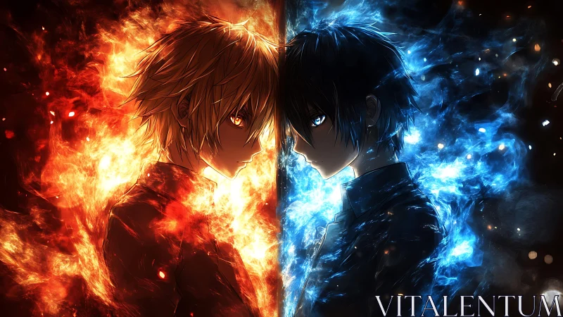 Two anime boys confront each other amid fire and ice