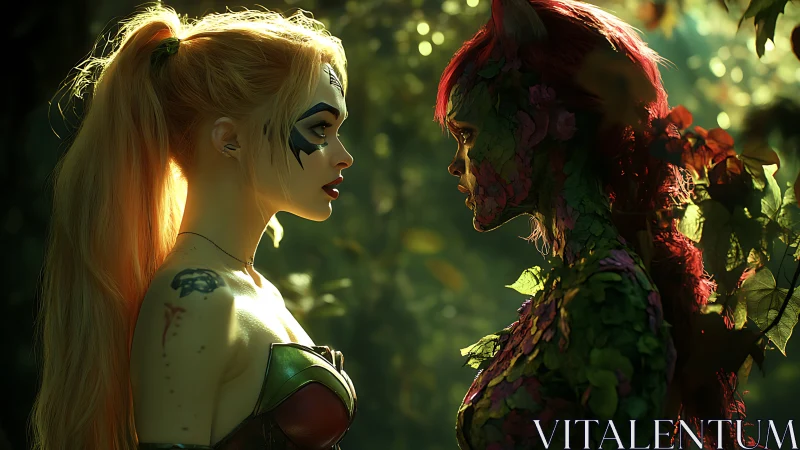 Two stylized women facing in forest environment. Period.
