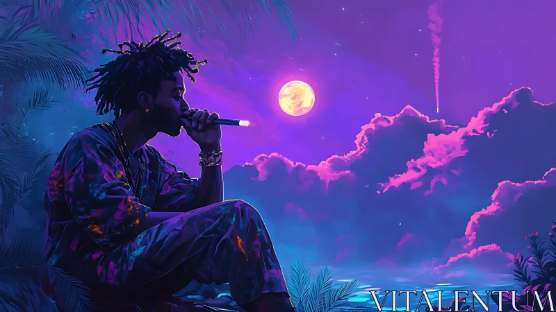 Neon moonlit rapper dreaming lyrics above electric waves.