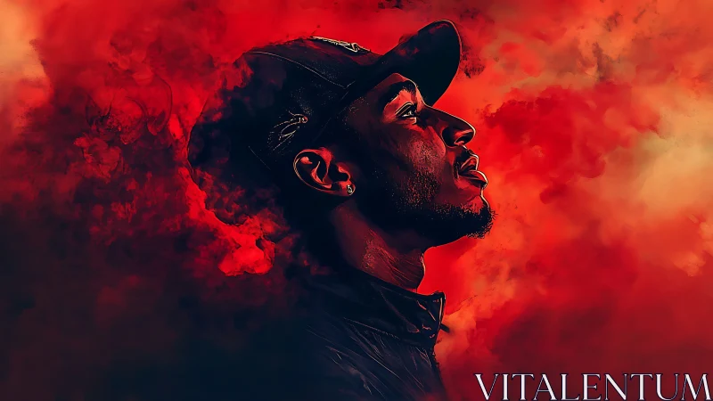 Portrait of a man in red smoke embodies resolve and warmth