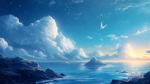 Serene Coastal Seascape with Ethereal Cloud Formation and Distant Island