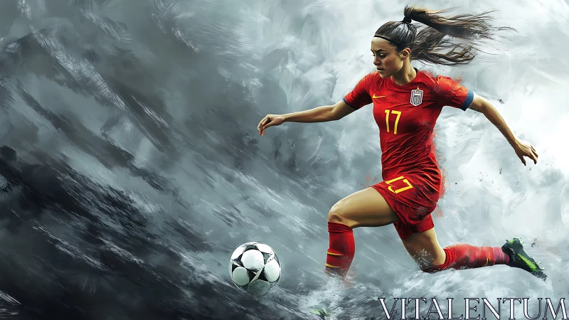 Dynamic female footballer sprinting through painted storm field.