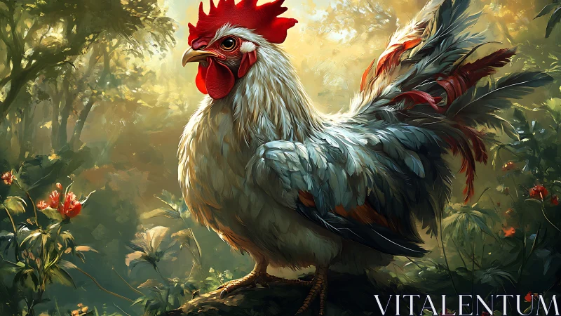 Rooster in Golden Forest Clearing with Wildflowers