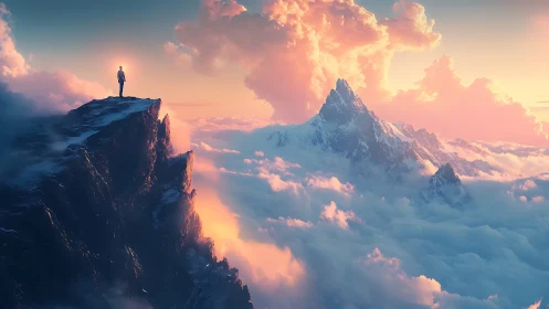 Solitary figure stands on dark cliff above glowing clouds