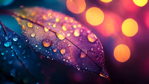 Macro dewdrop leaves with neon bokeh illumination at night