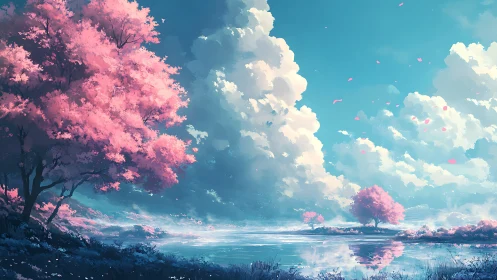 Pink blossom grove reflects over tranquil cyan lake.