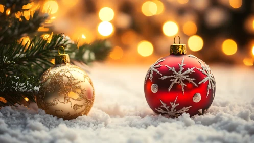 Snowlit baubles whispering golden bokeh Christmas hush.