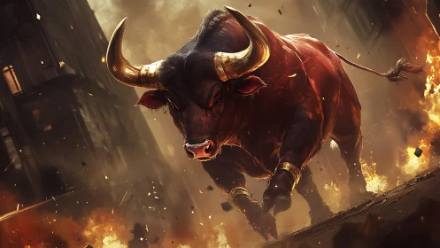 Large horned bull charging through burning urban street scene.