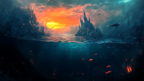 Digital painting seascape of bifurcated abyssal citadel horizon.