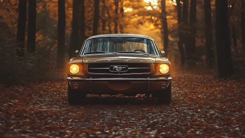 Golden classic Mustang glowing warmly in an autumn forest road.