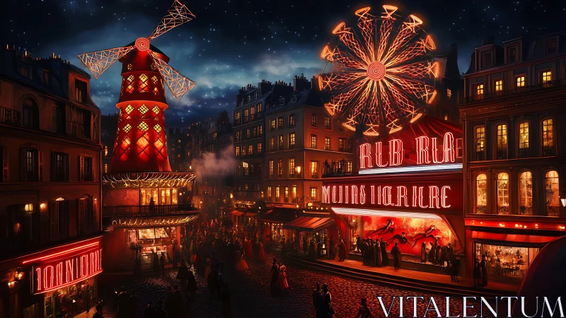 Nighttime cabaret district with neon signage, ferris wheel and windmill