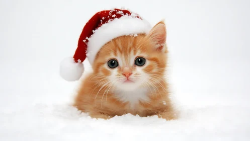Ginger kitten in Santa hat under diffuse snowy illumination.