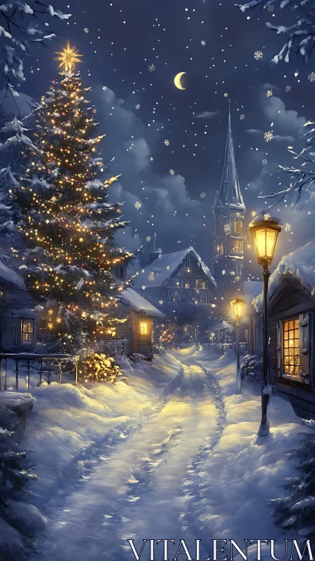 Snowy village lane glows beneath a starlit Christmas sky.