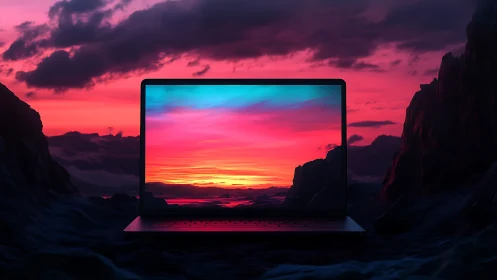 Laptop window glowing with a dreamy neon desert sunset.