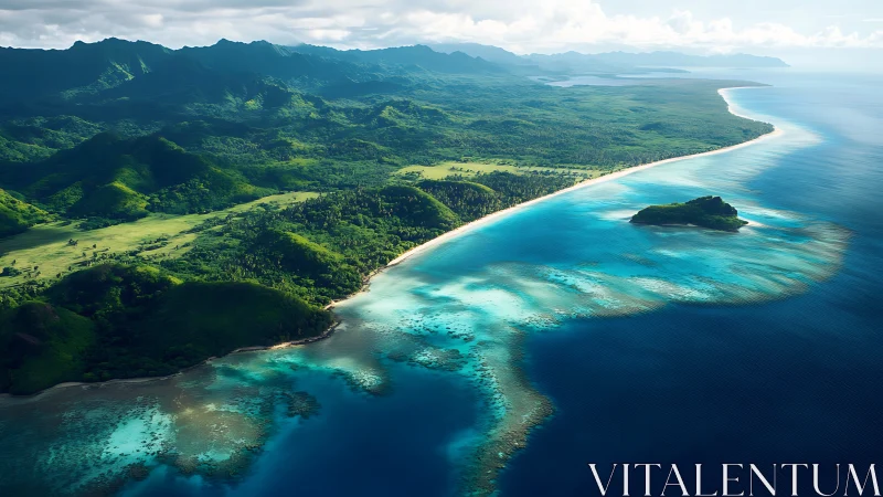 Aerial view of Hawaiian archipelago coastline featuring volcanic terrain and turquoise reef system.