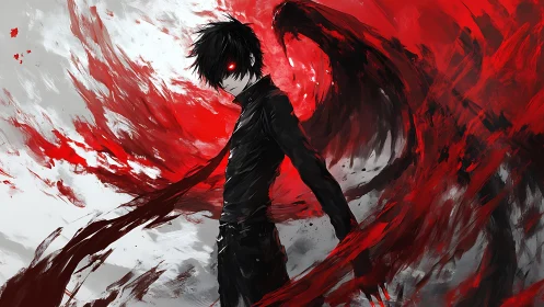 Dark anime figure commands swirling red energy wings