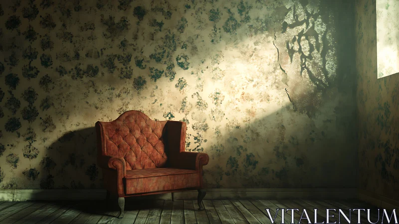 Velvet armchair anchors decayed sunlit wallpapered corner.