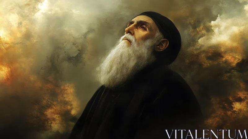 Elderly bearded man in dark robe looks upward in clouds