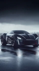 Midnight hypercar rendered on reflective rain-soaked asphalt.