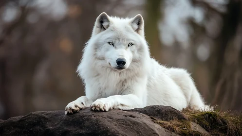 White wolf lies on a rock ledge and looks directly forward.
