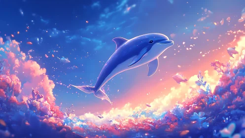 Joyful dolphin glides through dreamy coral light and color