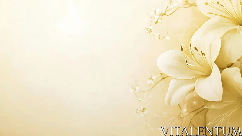 Cream Lilies with Golden Details on Soft Beige Background.