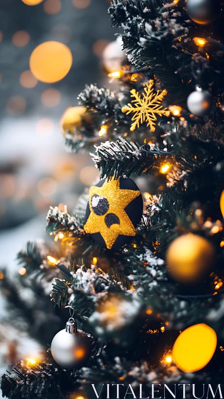 Gold ornaments on snow dusted Christmas tree branches.