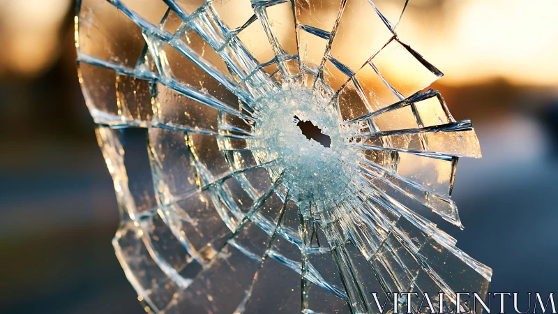 Radial fracture pattern in shattered glass pane at sunset.