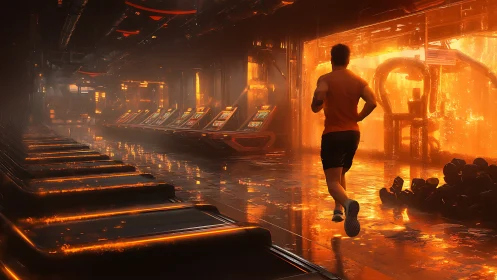Man runs on treadmill in futuristic gym with orange lighting