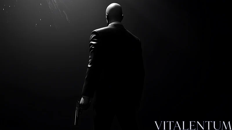 Bald suited figure with handgun isolated in dramatic backlight