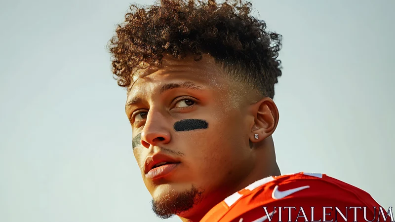 Focused football player gazes back under warm stadium light