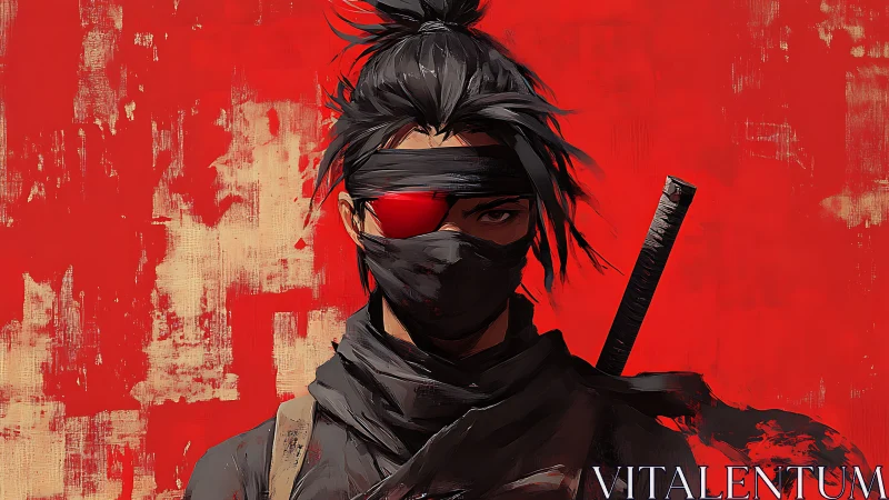 Fierce masked warrior stands ready against bold red backdrop