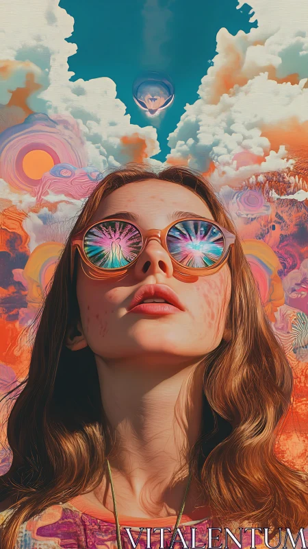 Surreal girl in reflective sunglasses gazes at cosmic sky.